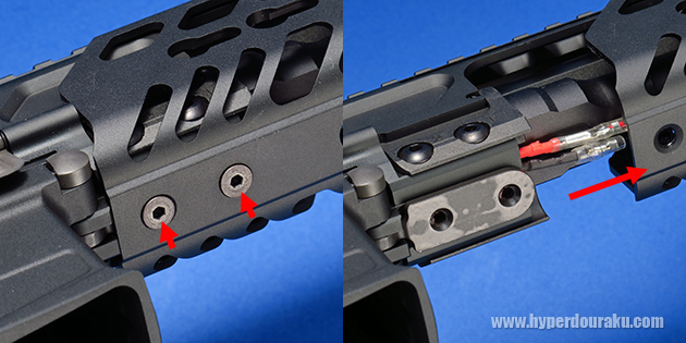 下面にあるスクリュー２本を抜いてハンドガードを外す