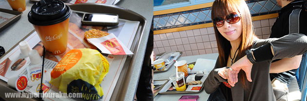 ソーセージマフィンとポテト、コーヒー